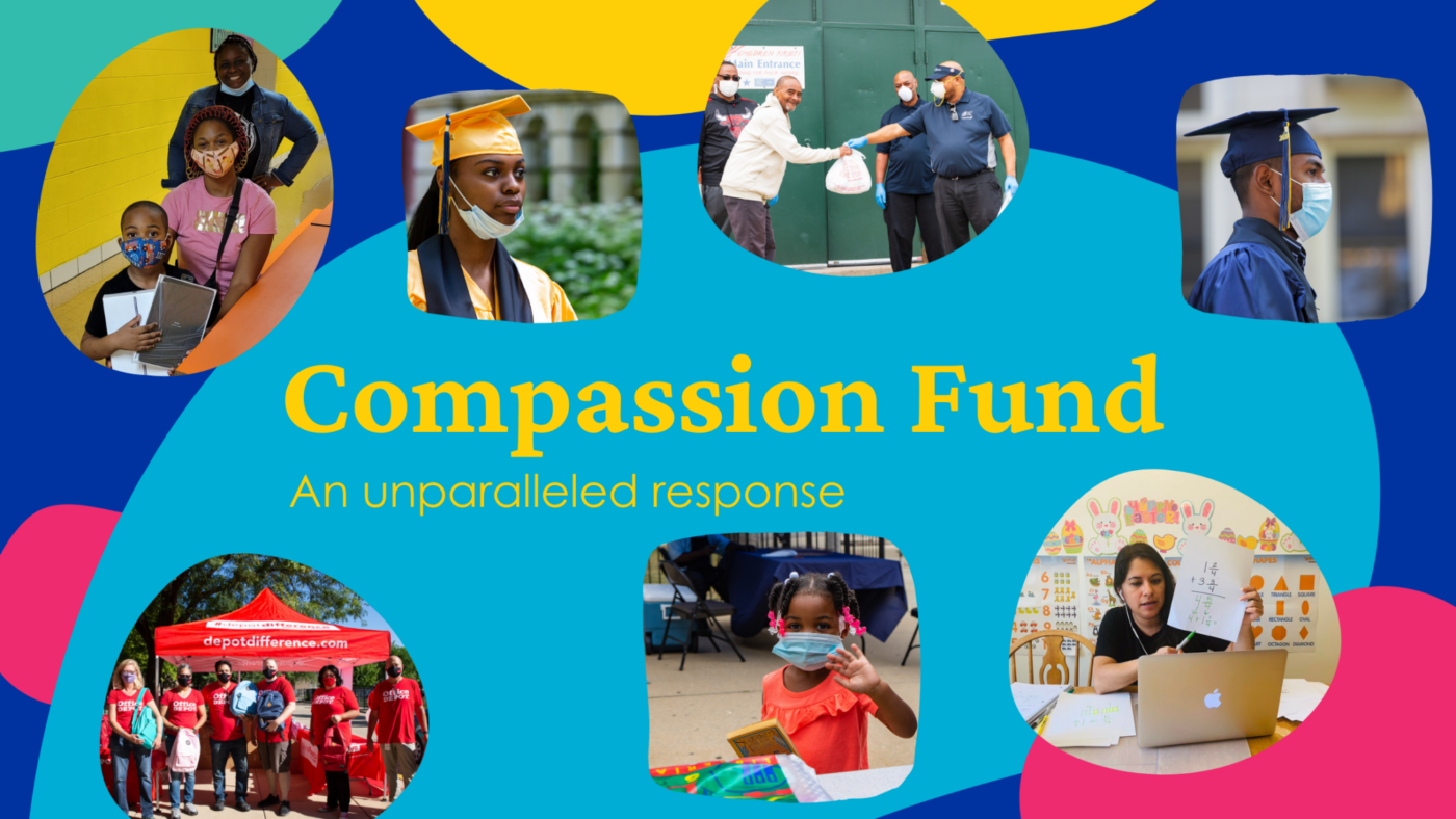 abstract illustration colorful shapes and text reading: "Compassion Fund: An unprecedented year; an unparalleled response with a collage of pictures showing students, teachers, and community members engaged in COVID-19 relief efforts